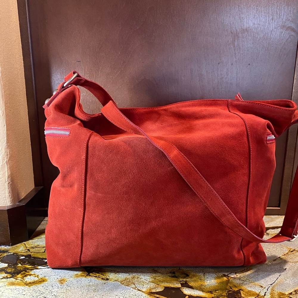 Garnet Hill Red Suede Shoulder Bag Crafted in Italy, see photo for measurements.